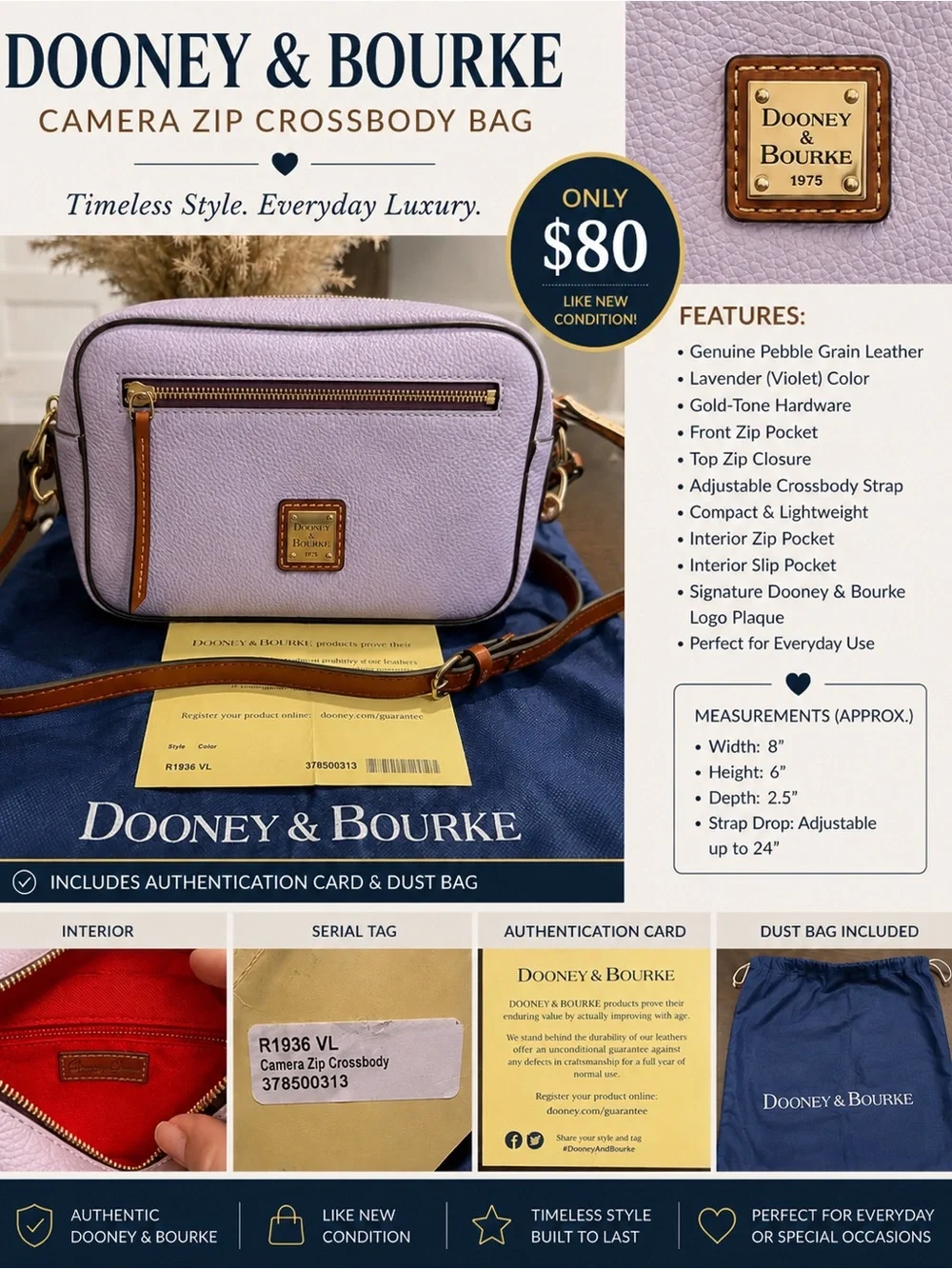 Dooney & Bourke Lavender Pebble Grain Crossbody with Brown Strap